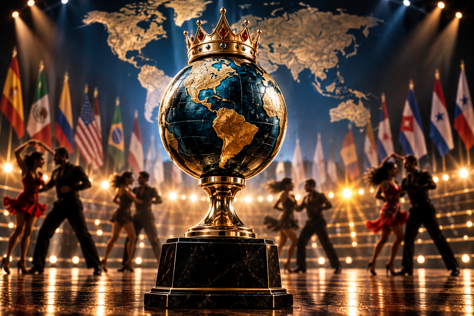 Trofeo mundial de salsa bajo luces doradas
